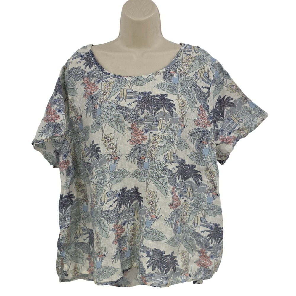 Tahari Top Women 2X Multicolor Tropical 100% Linen‎ Scoop Neck Beachy Coastal